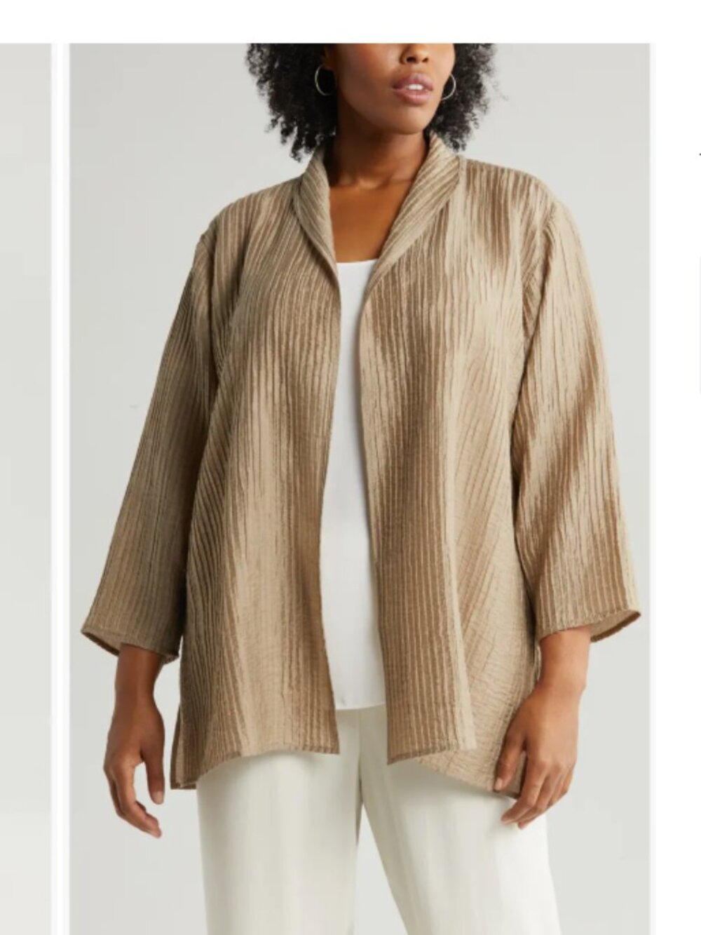 Eileen Fisher Textured High Collar Open Jacket Lightweight Medium Briar Tan